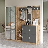 Yurupa Garderobe Komplett Set Flurgarderobe, Kompaktgarderobe, Dielengarderobe, Schrank, Schuhschrank mit 2 Spiegeltüren und 6 Kleiderhaken, Grau-Naturfarben, DD9-AA