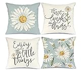 ROBAUN Kissenbezug 60x60cm 4er Set Outdoor Kissen Blaugrünes Gänseblümchen Dekorative Kissenhülle Leinen Zierkissenbezüge für Schlafzimmer Wohnzimmer Garten Sofakissen Dekokissen Kopfkissenbezug -D4