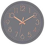 Foxtop Wanduhr Stille Nicht-Ticken Modern Quarz Design Dekorative Uhr für Wohnzimmer Küche Schlafzimmer Büro (Grau Rose Gold, 30 cm)