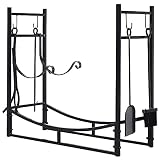 Outsunny Kaminholzregal Holzständer Holzablage mit 4 Haken 2 Schichten Metall Schwarz 84 x 33 x 76 cm