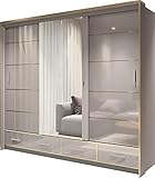 WFL GROUP Moderner Kleiderschrank mit Spiegel und LED Beleuchtung 200 250 cm - Hoch Schrank mit Schiebetüren und Kleiderstange - 250 cm - Grau