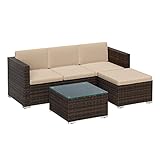 SONGMICS Polyrattan Lounge, Gartenmöbel-Set, Balkonmöbel, Gartenlounge, mit Kissen und Glastisch, Terrassenmöbel, Ecksofa, Outdoor, für Terrasse, Balkon, Garten, braun-Taupe GGF005K03