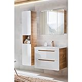 Lomadox Badezimmer Badmöbel Set, Hochglanz weiß mit Wotan Eiche Nb, Waschtischunterschrank mit 81 cm Keramik-Waschbecken, LED-Spiegelschrank, Hochschrank