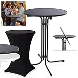 Onbest Stehtisch klappbar – in 2 Farben mit festlicher Husse – 110cm hoch – Ø80 cm Tischplatte – rund– für In- & Outdoor –Bistrotisch – Biertisch – Gartentisch - Klapptisch (Stehtisch Schwarz)