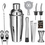 Cocktail Shaker Set, 10 Stück Edelstahl Cocktail Mix Set mit Rezeptbuch, 750 ML Cocktail Shaker Premium Barkeeper Set für Zuhause, Bar