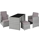 TecTake Poly Rattan Sitzgruppe, 5- teiliges Lounge Gartenmöbel Set mit Tisch, Sessel & Hocker, Essgruppe für bis zu 4 Personen, Garten und Balkon Möbel inkl. Polster - hellgrau/dunkel