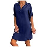 Komiseup Leinenkleid Damen Sommer, Sommerkleid Knielang Tshirt Kleid Große Größen Blusenkleid mit Knöpfen V-Ausschnitt Revers Baumwolle Leinen Einfarbige Vintage Kleider Hemdkleid Shirtkleid