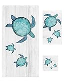 DecorLovee Sea Turtle Badetücher Set von 3 mit Badetuch Handtuch Waschlappen, Küste Ozean Blaugrün nautische Vintage Holz Handtuch Sets für Bad/Küche/Strand, weiche saugfähige Luxus-Badetücher