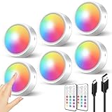 Dimmbar RGB LED Spot Akku - 1000mAh USB Aufladbar Farbwechsel Vitrinenbeleuchtung, LED Spot Batterie mit Fernbedienung und Timer Rund Unterbauleuchte Küche Ohne Kabel Magnetisch Touch Schrankleuchten