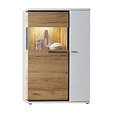 Lomadox Wohnzimmer Highboard mit Glaseinsatz inkl. LED-Beleuchtung in weiß mit Eiche Nb, modern, Vitrine, Aufbewahrungsschrank B/H/T ca. 93/140/37 cm
