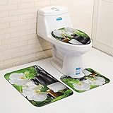 3 teiliges rutschfest Badematten Set,Spa Hot Massage Stones mit Orchideenkerzen und großartigen Naturheilmitteln ,U-FöRmige Duschvorleger super weich, schnell trocknend WC-Garnitur rutschfest Teppich