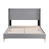EVURU Grau Samt Polsterbett Bett mit Lattenrost,Doppelbett mit Polsterbank Bank mit Stauraum,Hohes Kopfteil,Gepolstertes Kopfteil,Aufbewahrungsbox (180x200cm)