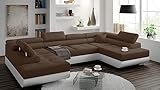 MINIO go for it - Ecksofa Manila I Sofa mit Schlaffunktion I 338x88x203 cm (U-förmig) I Verstellbare Kopfstützen I Schlafsofa mit Bettzeugkästen I Hochwertige Stoffe I Braun und Weiß