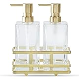 Quadratisches Glas-Lotion- und Seifenspender-Set mit Metallständer, Caddy für Badezimmer, Bad, Küche, Zuhause, Büro, Reisen, Hotel, handgefertigt, schwer (gebürstetes Gold)