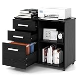 GIANTEX Rollcontainer, Aktenschrank mit 3 Schubladen & 2 offenen Fächern, Büroschrank für Drucker & Dokumenter, Aufbewahrungsschrank, abschließbarer Rollschrank für Büro und Arbeitszimmer (schwarz)