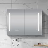 Medizinschrank mit LED-Schminkspiegel, LED-Medizinschrank für Badezimmer mit Steckdose, Farbwechsel, Dimmer und Anti-Beschlag-Funktion, 2 Türen, Oberflächenmontage, Edelstahl