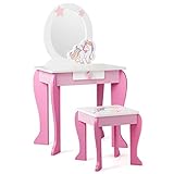 COSTWAY Kinder Schminktisch mit Hocker, Prinzessin Frisiertisch mit Schublade und Abnehmbarer Spiegel, Frisierkommode rosa, Schminkkommode für Mädchen von 3-7 Jahren (Pink)