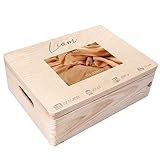 Creative Deco Foto Erinnerungsbox Baby Holzkiste Personalisiert | 40 x 30 x 14 cm (+/-1cm) | für Geburt & Taufe | Groß Natur Geschenk Spielzeugkiste Holzbox mit Deckel Gravur