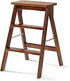 OUYOXI Klappbarer Tritthocker, Tritthocker, klappbarer 3-Stufen-Hocker für Erwachsene/Senioren, tragbare Trittleiter aus Holz für Küche/Schlafzimmer, maximale Belastung 150 kg (weiß) (braun R)