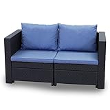 Keter 2-Sitzer Rattan Sofa Provence Garten Lounge anthrazit – Balkonbank inkl. bequemen blauen Polster - Outdoor Möbel wetterfest - Größe Terrassenbank 136x68x76cm