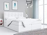 MKS MEBLE Boxspringbett 140x200 - Weiß Doppelbett - Polsterbett mit Multipocket-Matratze und Topper - Kunstlederbett mit Bettkasten - H3 - Stauraumbett Top 1