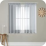 MRTREES Gardinen mit Kräuselband Stores Gardinen Grau kurz transparent 137X140cm (HXB) Schlaufenschals 2er Set Vorhänge in Leinenoptik für Wohnzimmer Schlafzimmer Mädchen Jugend Curtains