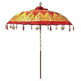 Oriental Galerie Bali Sonnenschirm Balinesischer Schirm Garten Baumwolle Sonnenschutz Handarbeit Retro Vintage Dekoschirm 2-teilig ca.180 cm Rot Gold Doppelte Bemalung mit Fransen