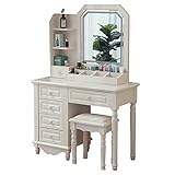 CENAP Großes Schminktisch-Set mit beleuchtetem Spiegel, Schminktisch mit Aufbewahrungsregalen und Schubladen, Schminktisch mit Kommode mit 6 Schubladen und gepolstertem Hocker (Größe: 85 x 44 x 15