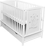 Dedstore-Baby Babybett mit Matratze 120x60 cm Höhenverstellbar - Babybett Komplett Set - Beistellbett Baby Weiß mit Motiv Bär Sweet Dreams - Baby Bett - Kinderbett - Babybetten - Bett Baby - Bed