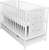 Dedstore-Baby Babybett mit Matratze 120x60 cm Höhenverstellbar - Babybett Komplett Set - Beistellbett Baby Weiß mit Motiv Bär Sweet Dreams - Baby Bett - Kinderbett - Babybetten - Bett Baby - Bed