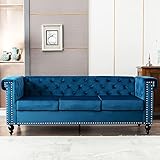 KecDuey 3-Sitzer Sofa Chesterfield mit edler Knopfheftung und typischen Armlehnen Sofa, Couch für Wohnzimmer, Bezug aus Samt, für Wohnungen, Holzgestell, Metallbeine, einfacher Aufbau (Blau)