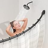 Duschvorhangstange Gebogene inkl. 24 Ringe - Stabile Winkelstange Duschvorhang ohne Deckenhalterung - Duschstange Ecke Rostfrei - 110-180cm -Ausziehbare Duschvorhangstange Badewanne & Dusche-Schwarz