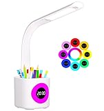 YOUKOYI Schreibtischlampe Kinder, Tischlampe 10W Touch Dimmbar mit USB-Anschluss 5 Helligkeitsstufen LED Schreibtischlampe mit Uhr, Wecker, Farbnachtlicht, Stifthalter für Arbeit, Studium, Büro