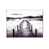 HOWDA Leinwandbilder Wohnzimmer Seesteg Landschaft Wanddekoration Schwarz-Weiß-Skizze Vintage Holzsteg Wand Bilder leinwand bilder Wand Bilder Poster (30x45cm Kein Rahmen)