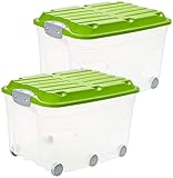 Rotho Roller 6 2er-Set Aufbewahrungsbox 57l mit Deckel und Rollen, Kunststoff (PP) BPA-frei, transparent/grün, 2 x 57l (60,0 x 40,0 x 45,0 cm)