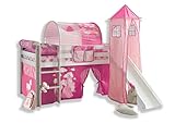 AILEENSTORE Hochbett mit Rutsche Turm Rutschbett Mädchen Junge Spielbett Vorhang Kiefer Weiss 90x200, Vorhangstoff:Princess