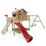 WICKEY Spielturm Klettergerüst Smart Coast mit Schaukel & roter Rutsche, Outdoor Kinder Kletterturm mit Sandkasten, Leiter & Spiel-Zubehör für den Garten