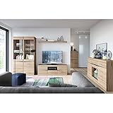 Lomadox Wohnzimmer Set Wohnwand TV Media Wand Fernsehschrank Regal Highboard Sideboard grifflos mit Glasboden Beleuchtung in Eiche Nb.