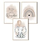 MeinBaby123® I Bilder Kinderzimmer | 3er Set DIN A4 Poster Set | Wandbilder | Kinderzimmer Poster | Deko Bilder Kinderzimmer Mädchen und Jungen | Wandposter Premium (Elefant & Luftballon beige)