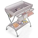 COSTWAY Wickeltisch mit großen Aufbewahrungsfläche und -körben, Wickelkombination klappbar & rollbar, Wickelkommode für Babys und Kleinkinder bis 36kg (Grau)