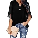 Damen Oberteile kurzärmelige Hemden mit V-Ausschnitt Elegante einfarbige lockere Passform lässige Chiffon Bluse Sommer Chiffon Oberteile T-Shirts kurzärmlige Tunika Oberteile Shirts Sweatshirt S-3XL