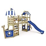 WICKEY Spielturm Klettergerüst StormFlyer mit Schaukel & Blauer Rutsche, Outdoor Kinder Kletterturm mit Sandkasten, Leiter & Spiel-Zubehör für den Garten