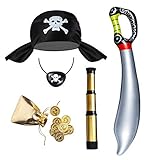 Seawhisper Piratenkostüm Kinder Kostüm Zubehör Pirat Jungen Mädchen Piratenhut Fernrohr Augenklappe Piratensäbel Goldmünze Piratenkopftuch Accessoires Set