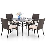 MFSTUDIO Rattan Gartenmöbel Set 4 Stühle mit Tisch, Balkonmöbel Set, Quadratische Stahl Lamellen Tisch mit 4cm Schirmloch und 4 Polyrattan Sessel für Terrasse, Balkon, Bistro, Porch