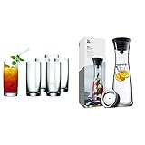 WMF Easy Longdrinkgläser Set 6-teilig, Cocktailglas 350ml, Kristallglas, bruchsicher & Basic Wasserkaraffe aus Glas, 1 Liter, Glaskaraffe mit Deckel, Silikondeckel, CloseUp-Verschluss