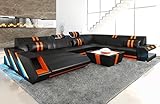 Sofa Apollonia XXL U Form Wohnlandschaft Leder Couch mit LED Ledersofa mit Ottomane und Kopfstützen (Ottomane Links, Schwarz-Orange)