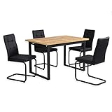 B&D home Essgruppe 5-teilig, Esstisch mit 4 Stühlen, ausziehbar 120-160x80x77 cm, Tischplatte in Wildeiche Optik, mit Kufengestell, Freischwinger Kunstleder schwarz, 11202-US-EIWL-S1