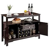 LIFEZEAL Küchenschrank mit Weinregal Schublade und Türen, Sideboard Beistellschrank Holz, Weinschrank 116x40x82cm, Buffetschrank Vitrinenschrank Kommode für Esszimmer Küche (Weiß) (Braun)