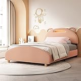 Tkopy Einzelbett Polsterbett, 90x200cm Bett mit Lattenrost, Kinderbett, Jugendbett, Bettkopf mit lustiger Bärenkopfform und LED-Leiste, Samtstoff Khaki