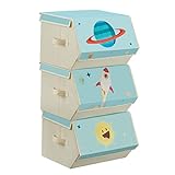 SONGMICS Aufbewahrungsbox Kinder, 3er Set, Faltboxen, Spielzeugkiste mit Deckel, 38 x 35 x 25 cm, für Kinderzimmer, Spielzeugzimmer, Weltraummotive, blau RLB700Q01